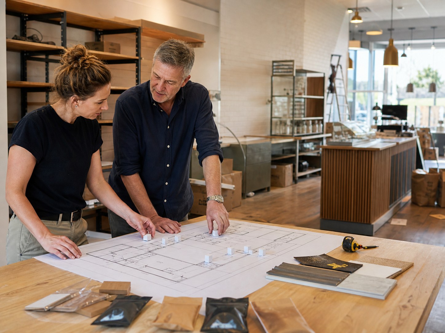 Two business operators reviewing a floor plan and workflow in a premises being prepared for launch