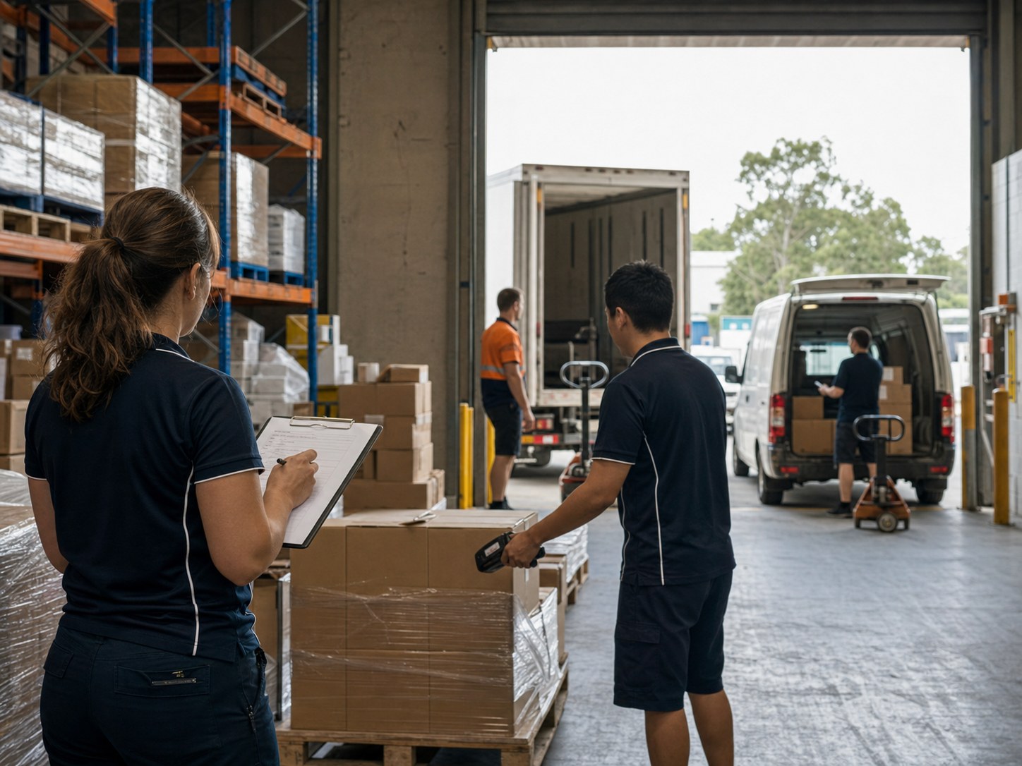 Warehouse team coordinating dispatch, representing Ipswich production and logistics