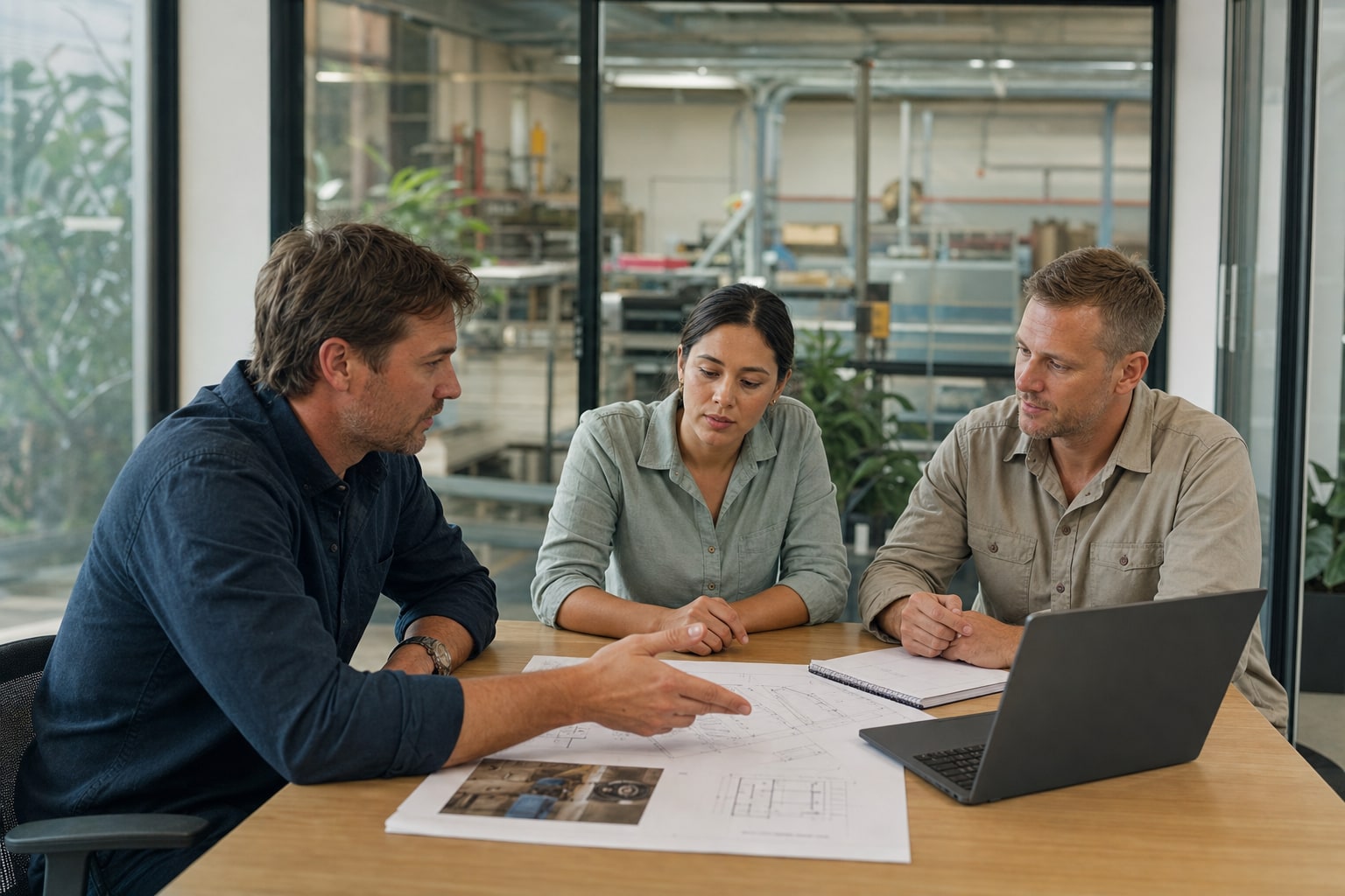 Three business professionals reviewing an operational plan in an Australian workplace