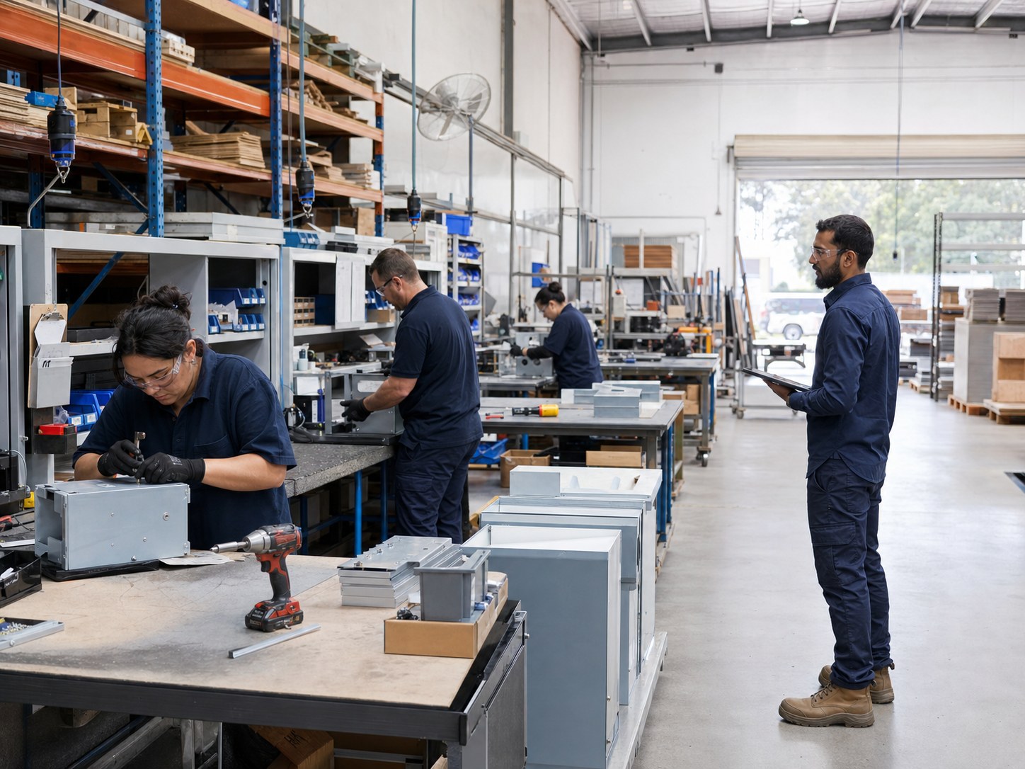 A production team working in a modern manufacturing environment
