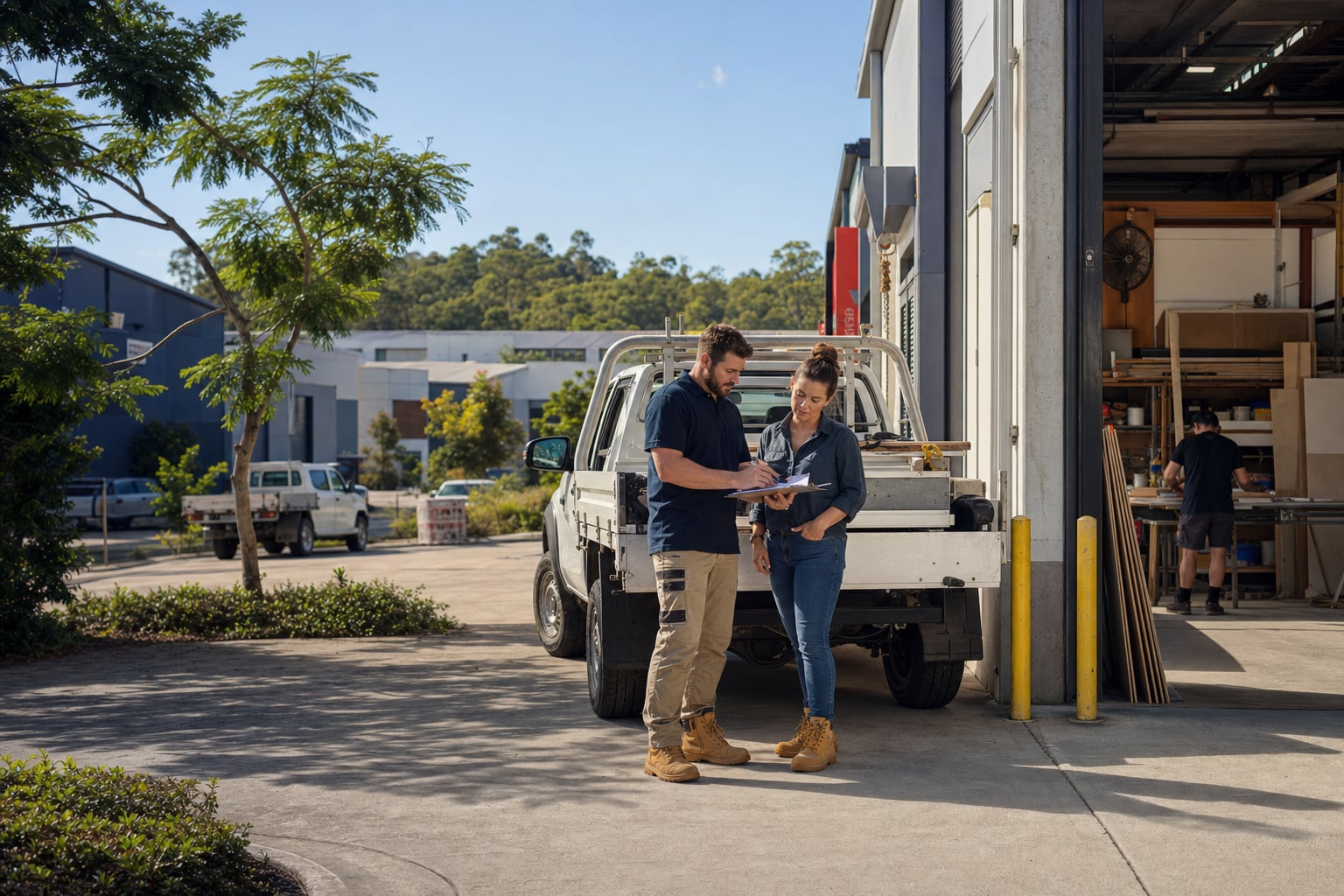 Small-business operators reviewing work beside a Queensland workshop