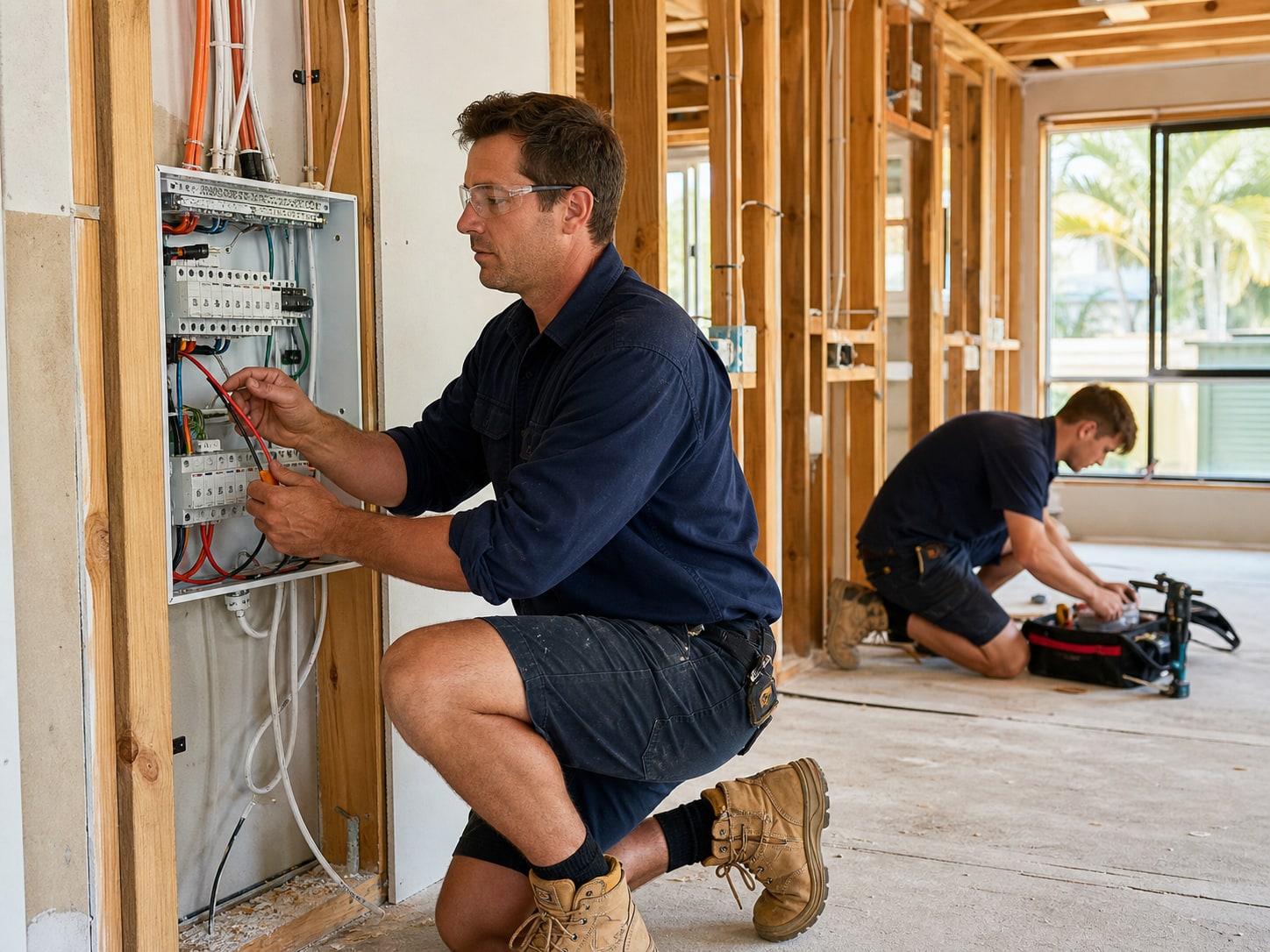 An Australian electrician and apprentice working on a residential renovation