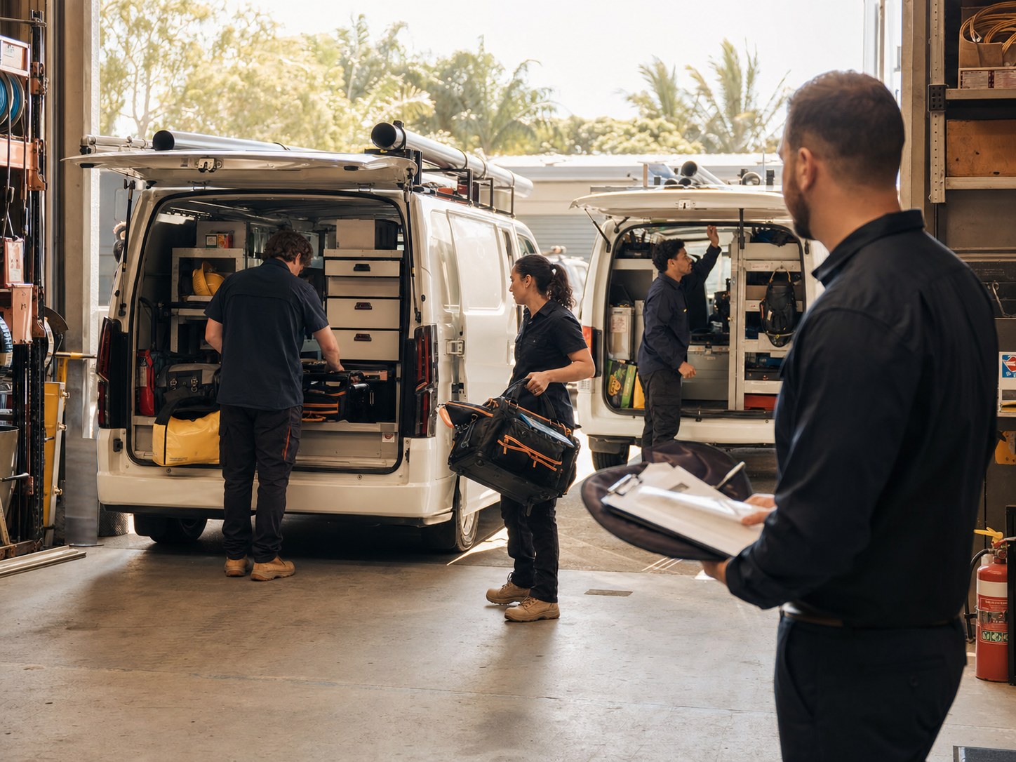 Field service team preparing vehicles and equipment, representing Moreton Bay operators