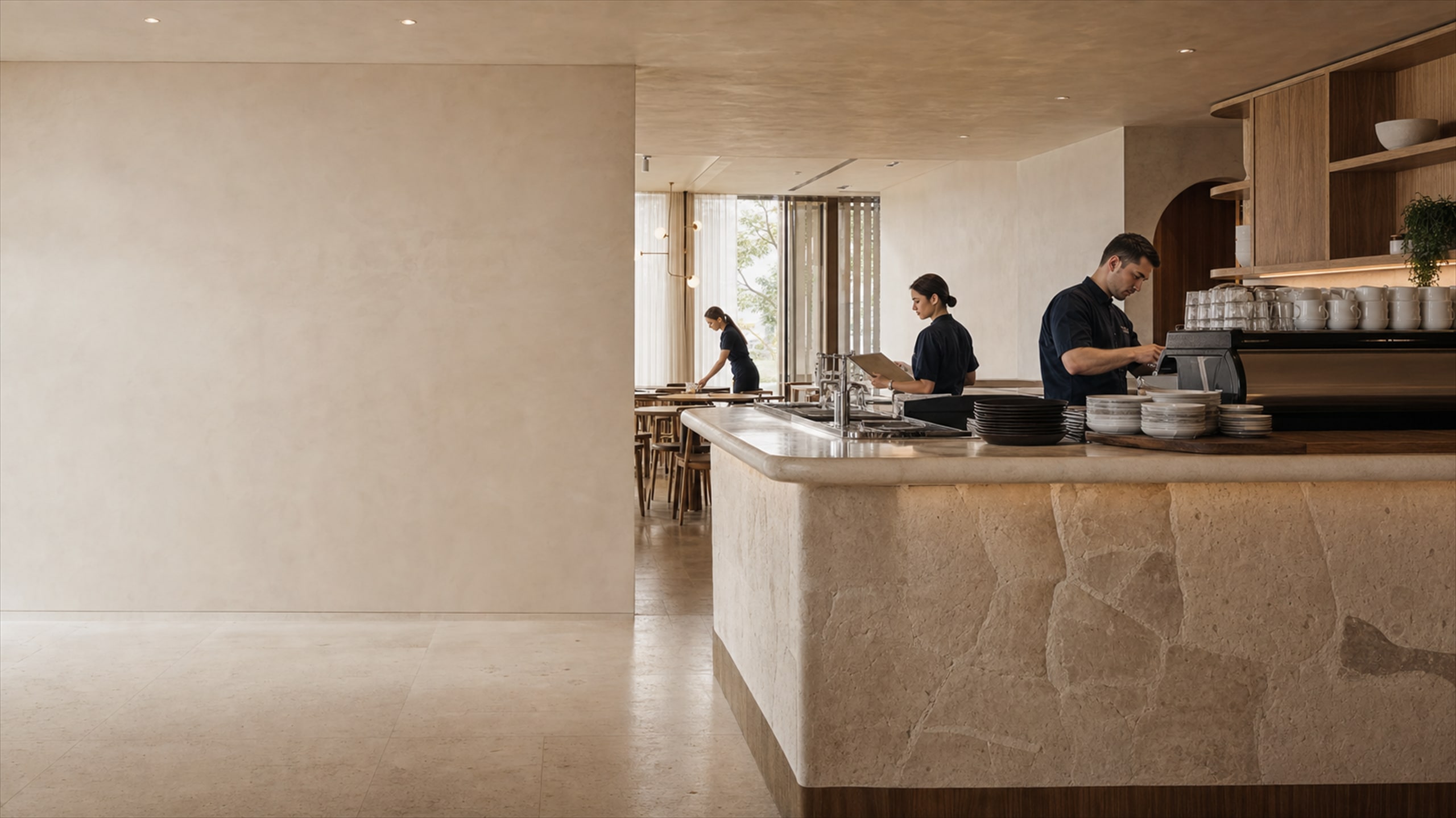 A hospitality team preparing a contemporary cafe for service