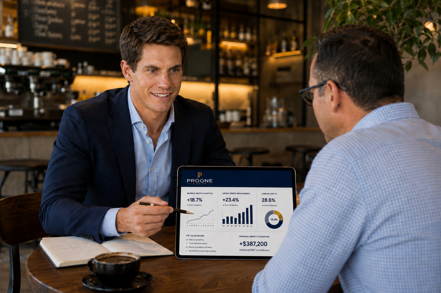 Dylan Clemenkowff discussing a business assessment with a hospitality operator